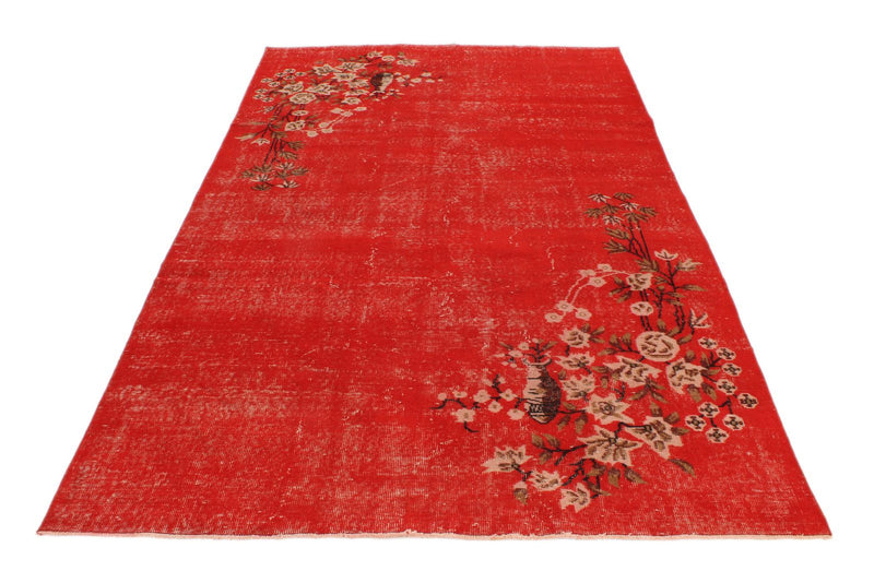 6x10 Red and Ivory Turkish Overdyed Rug