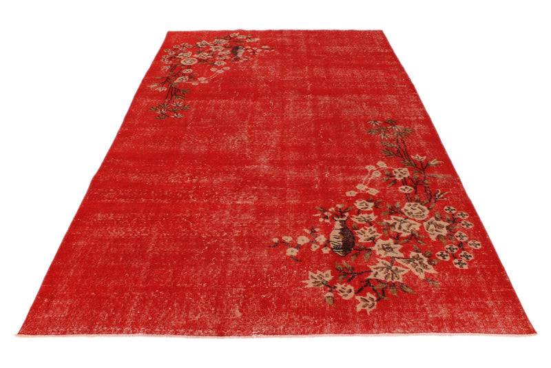 6x10 Red and Ivory Turkish Overdyed Rug