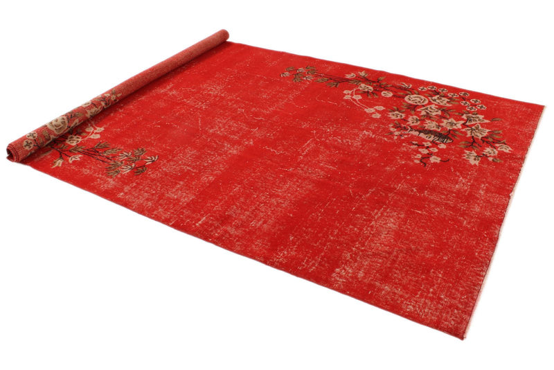 6x10 Red and Ivory Turkish Overdyed Rug