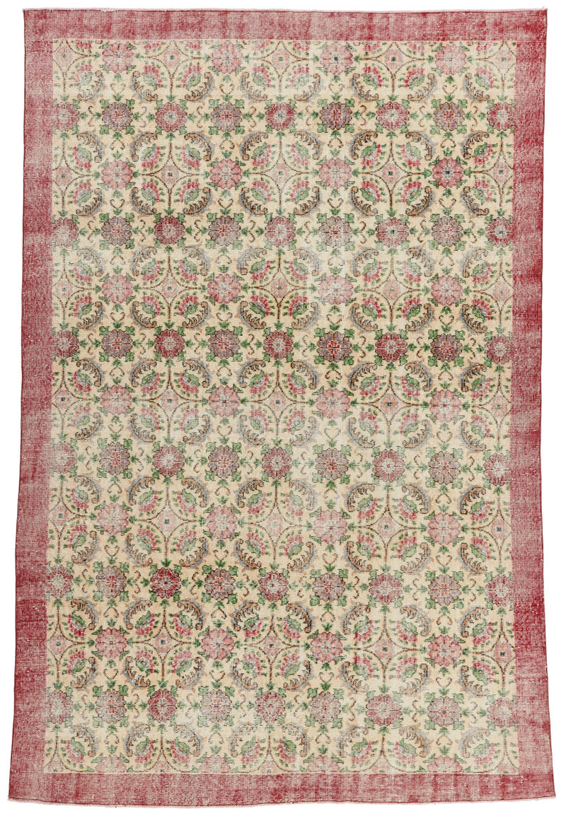 7x10 Ivory and Red Turkish Anatolian Rug