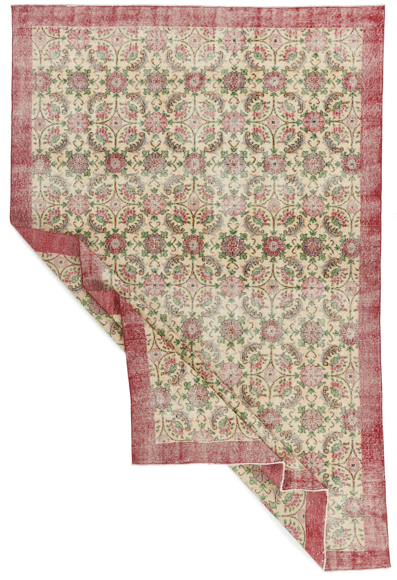 7x10 Ivory and Red Turkish Anatolian Rug