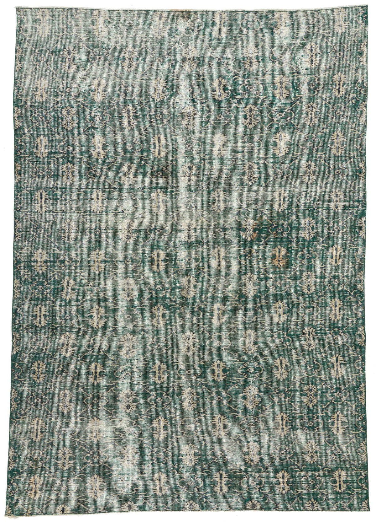 7x9 Green and Beige Turkish Overdyed Rug