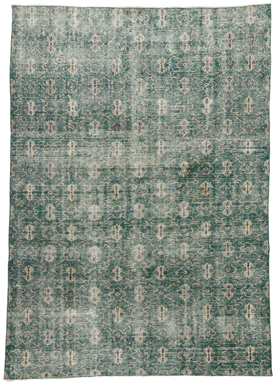 7x9 Green and Beige Turkish Overdyed Rug