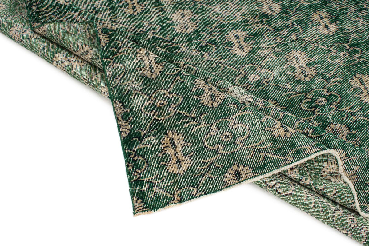 7x9 Green and Beige Turkish Overdyed Rug
