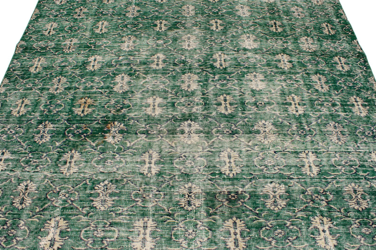 7x9 Green and Beige Turkish Overdyed Rug