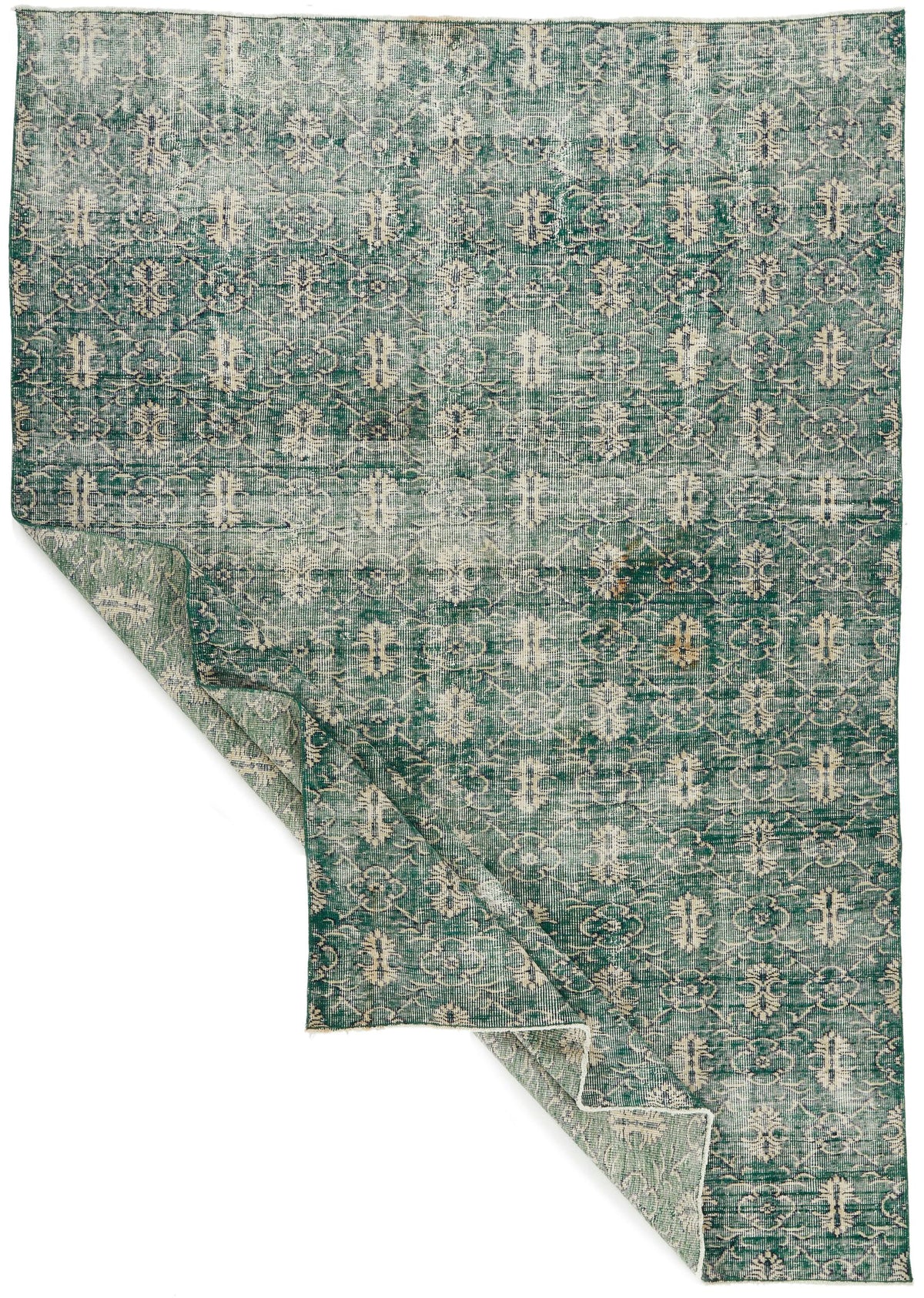 7x9 Green and Beige Turkish Overdyed Rug