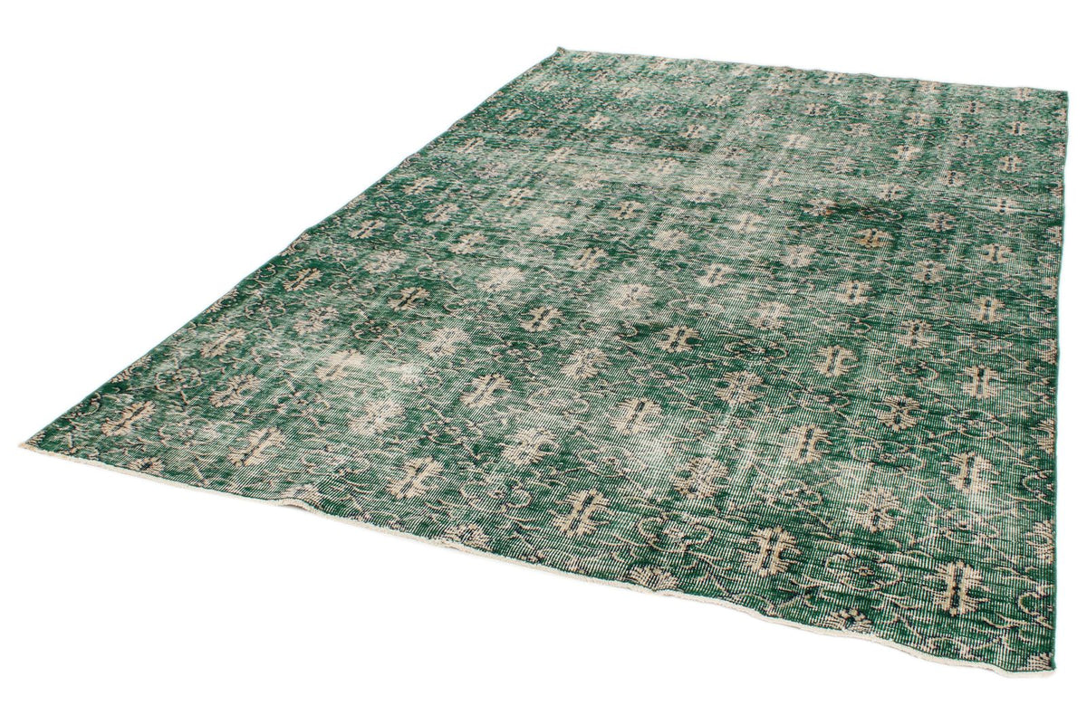 7x9 Green and Beige Turkish Overdyed Rug