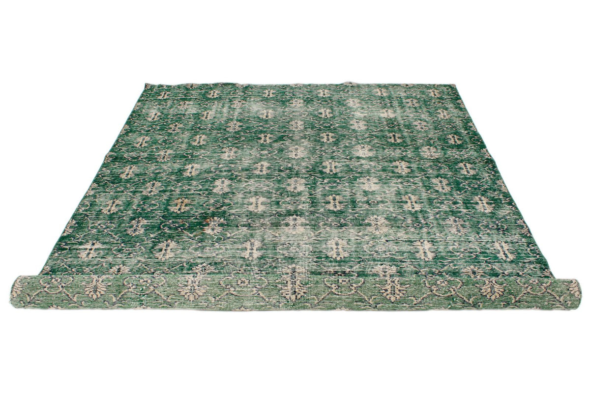 7x9 Green and Beige Turkish Overdyed Rug