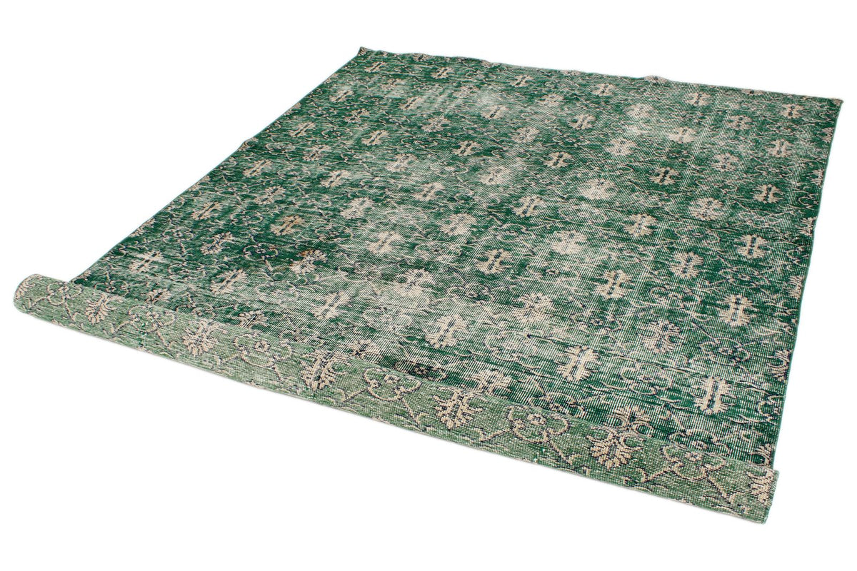 7x9 Green and Beige Turkish Overdyed Rug