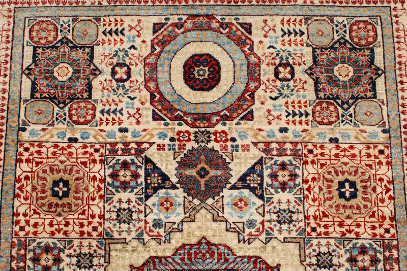 4x6 Ivory and Multicolor Turkish Tribal Rug