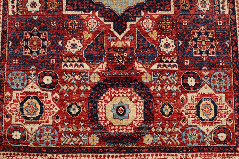 4x6 Red and Ivory Turkish Tribal Rug