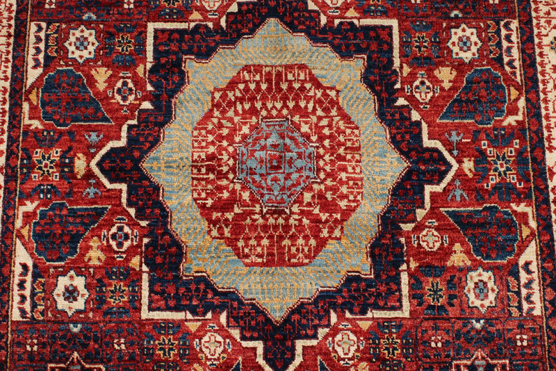 4x6 Red and Ivory Turkish Tribal Rug