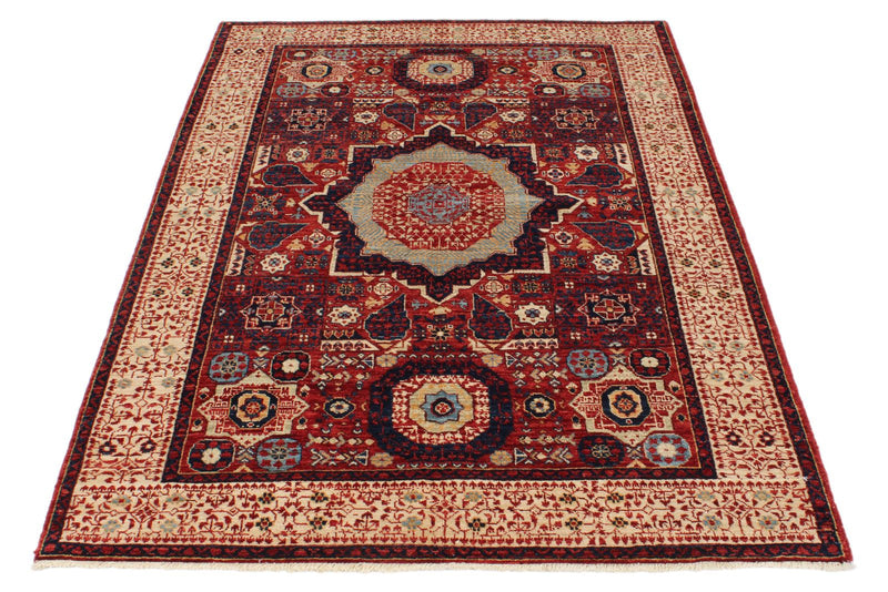 4x6 Red and Ivory Turkish Tribal Rug