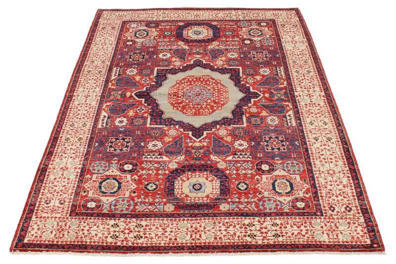 4x6 Red and Ivory Turkish Tribal Rug