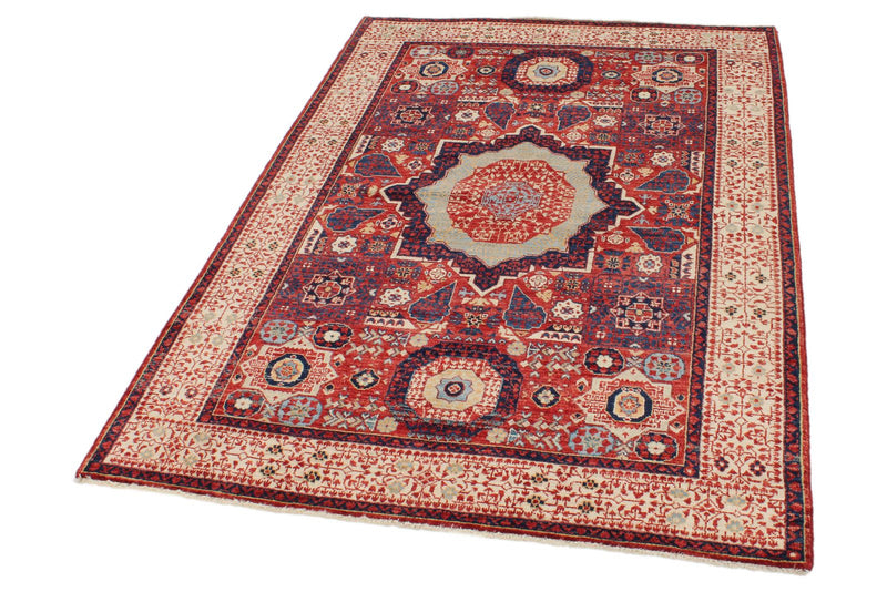 4x6 Red and Ivory Turkish Tribal Rug