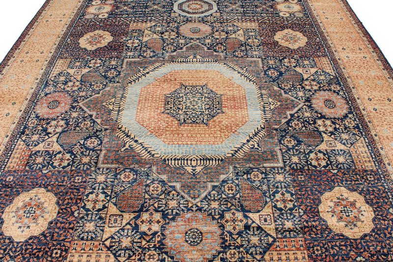 9x12 Navy and Beige Turkish Tribal Rug