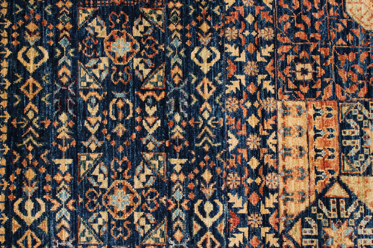 9x12 Navy and Beige Turkish Tribal Rug