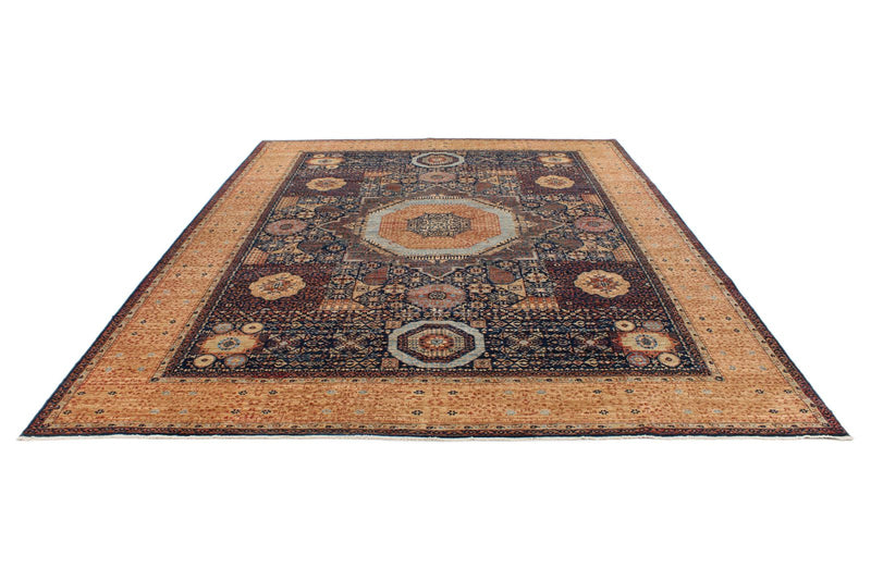 9x12 Navy and Beige Turkish Tribal Rug