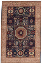 6x9 Navy and Beige Turkish Tribal Rug