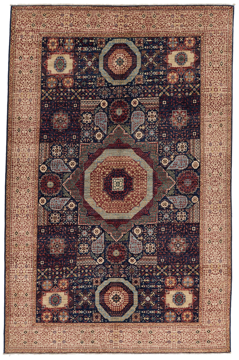 6x9 Navy and Beige Turkish Tribal Rug