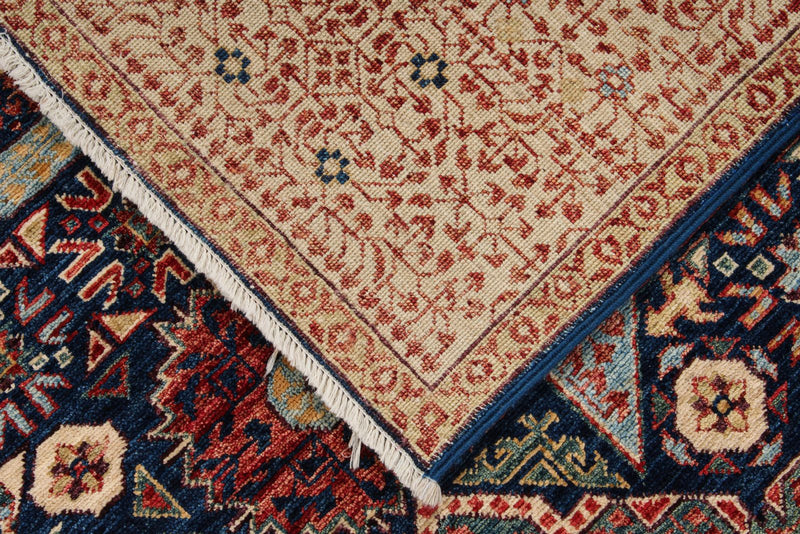 6x9 Navy and Beige Turkish Tribal Rug