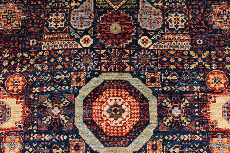 6x9 Navy and Beige Turkish Tribal Rug