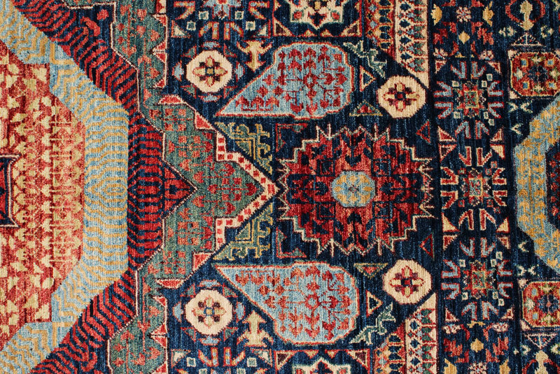 6x9 Navy and Beige Turkish Tribal Rug