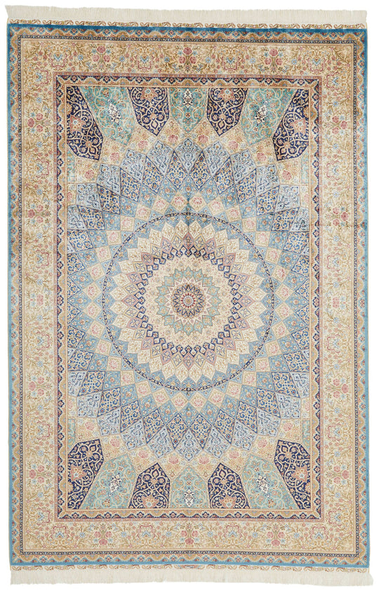 6x9 Light Blue and Ivory Turkish Silk Rug