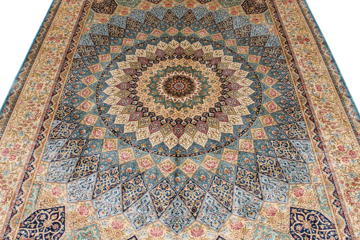 6x9 Light Blue and Ivory Turkish Silk Rug