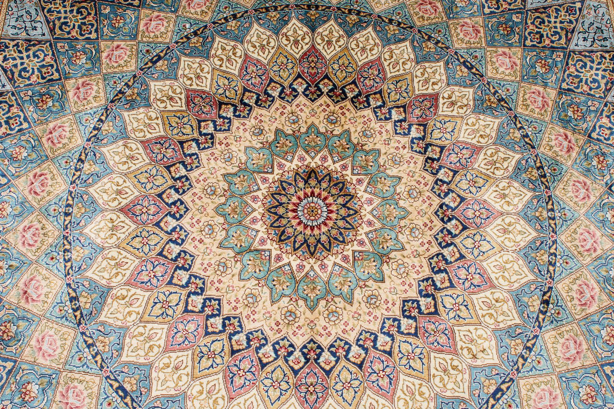 6x9 Light Blue and Ivory Turkish Silk Rug