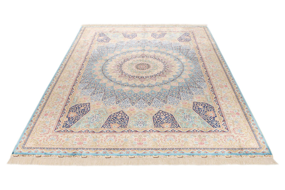 6x9 Light Blue and Ivory Turkish Silk Rug