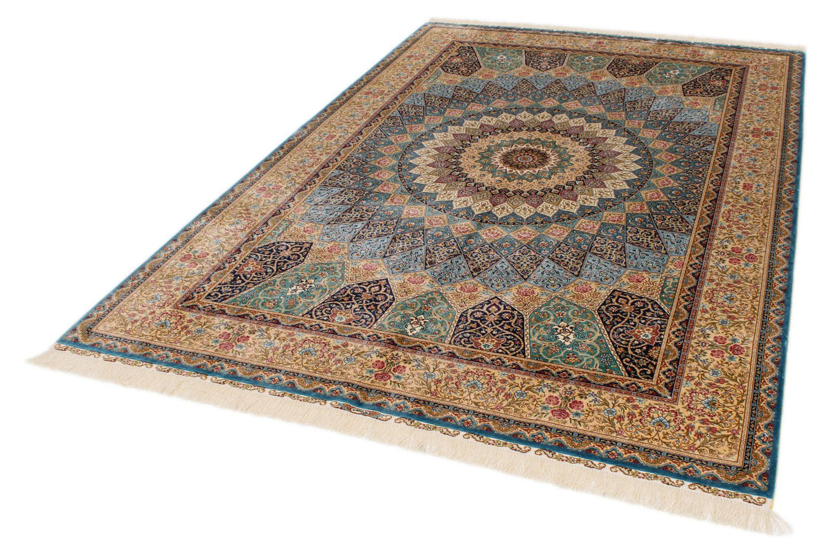 6x9 Light Blue and Ivory Turkish Silk Rug