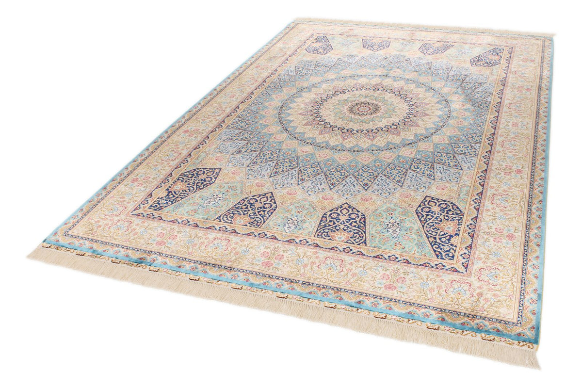 6x9 Light Blue and Ivory Turkish Silk Rug