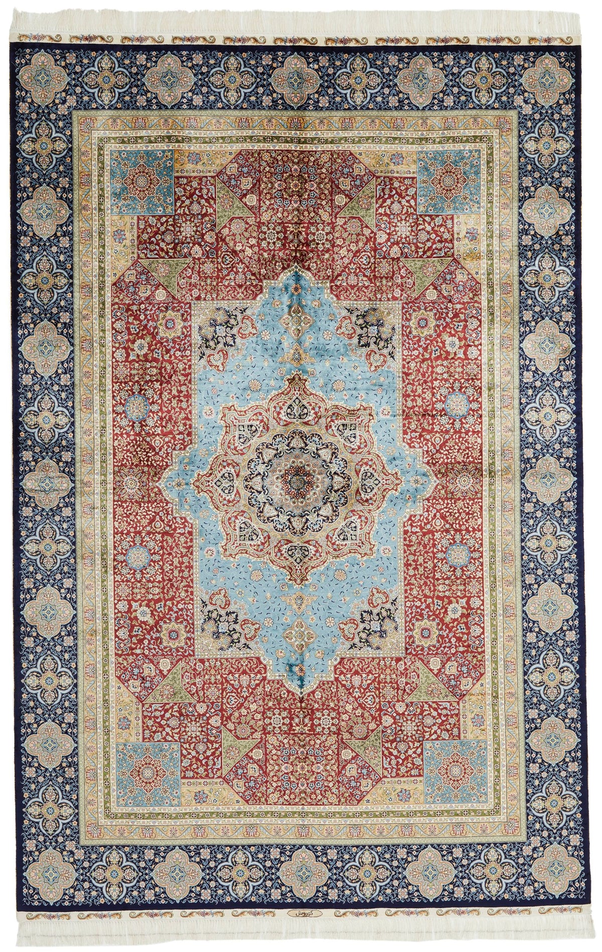 6x9 Red and Navy Turkish Silk Rug
