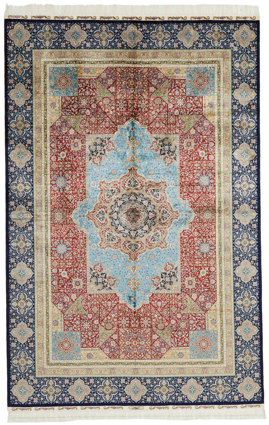 6x9 Red and Navy Turkish Silk Rug