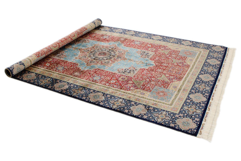 6x9 Red and Navy Turkish Silk Rug