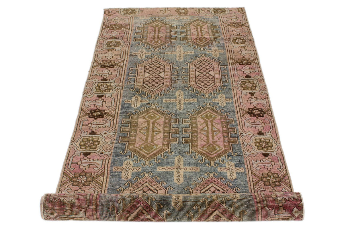 3x10 Blue and Pink Kazak Tribal Runner