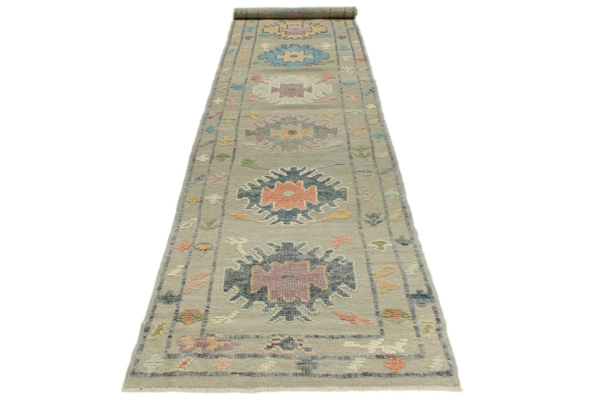 3x15 Gray and Multicolor Turkish Oushak Runner