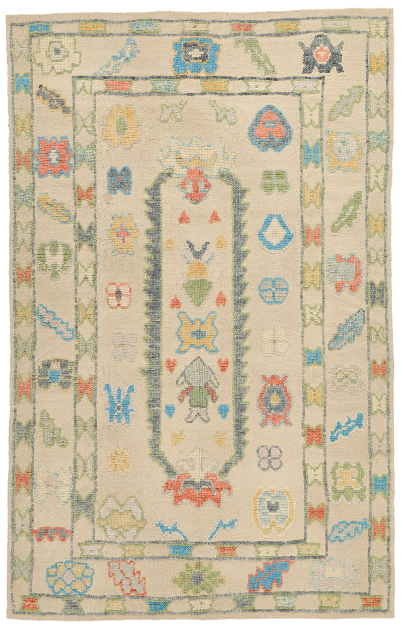 7x10 Ivory and Multicolor Turkish Oushak Rug