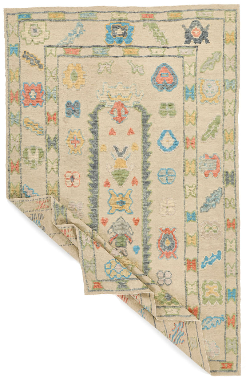 7x10 Ivory and Multicolor Turkish Oushak Rug