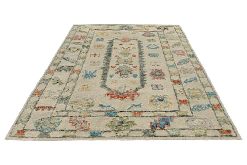 7x10 Ivory and Multicolor Turkish Oushak Rug