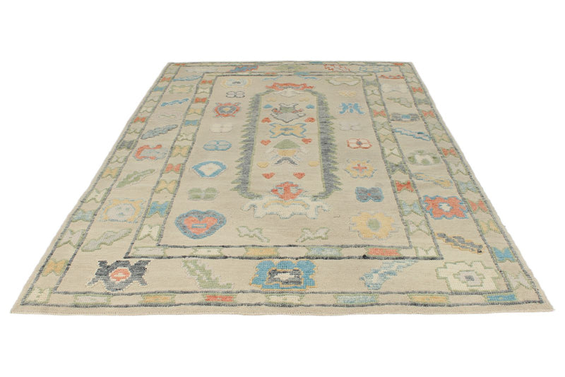 7x10 Ivory and Multicolor Turkish Oushak Rug