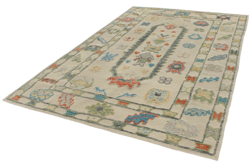 7x10 Ivory and Multicolor Turkish Oushak Rug