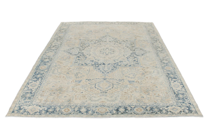 8x11 Beige and Light Blue Turkish Oushak Rug