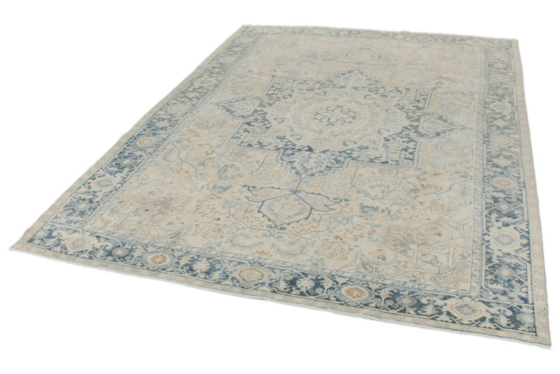 8x11 Beige and Light Blue Turkish Oushak Rug