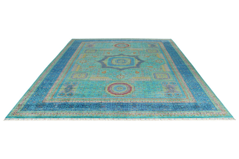 9x12 Turquoıse and Blue Turkish Tribal Rug