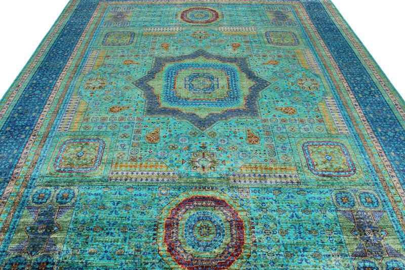 9x12 Turquoıse and Blue Turkish Tribal Rug