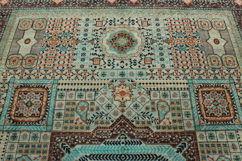 9x12 Green and Brown Turkish Tribal Rug