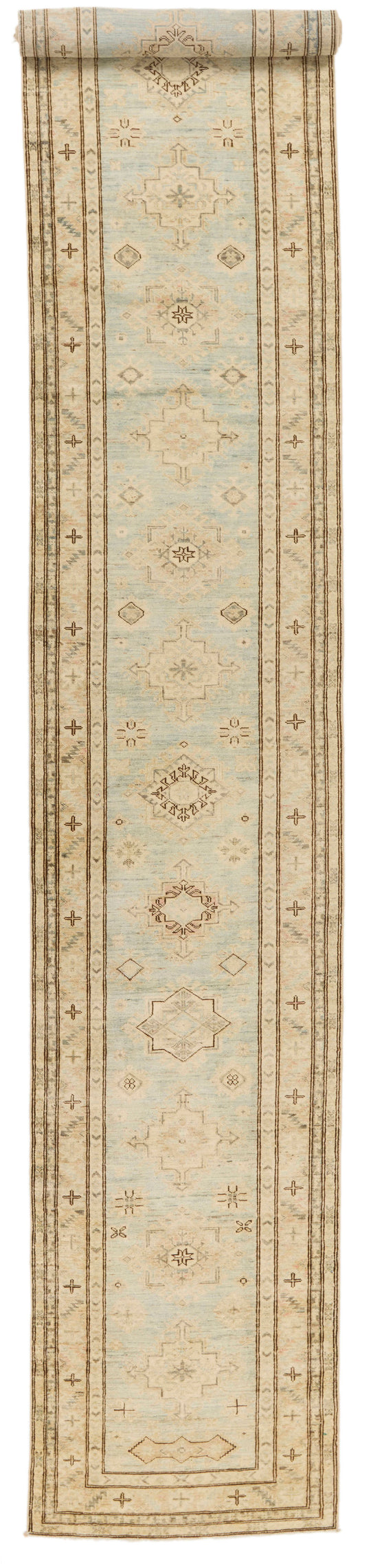 3x19 Light Blue and Ivory Turkish Oushak Runner