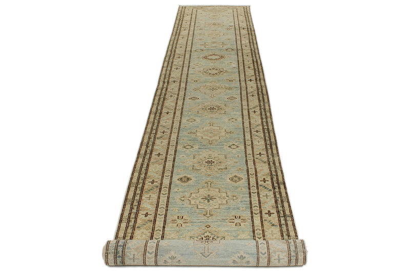 3x19 Light Blue and Ivory Turkish Oushak Runner